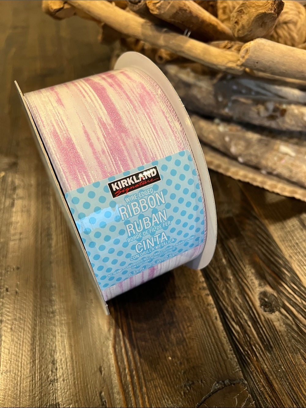 Kirkland Signature Pink & White Striped Wired Decorative Ribbon